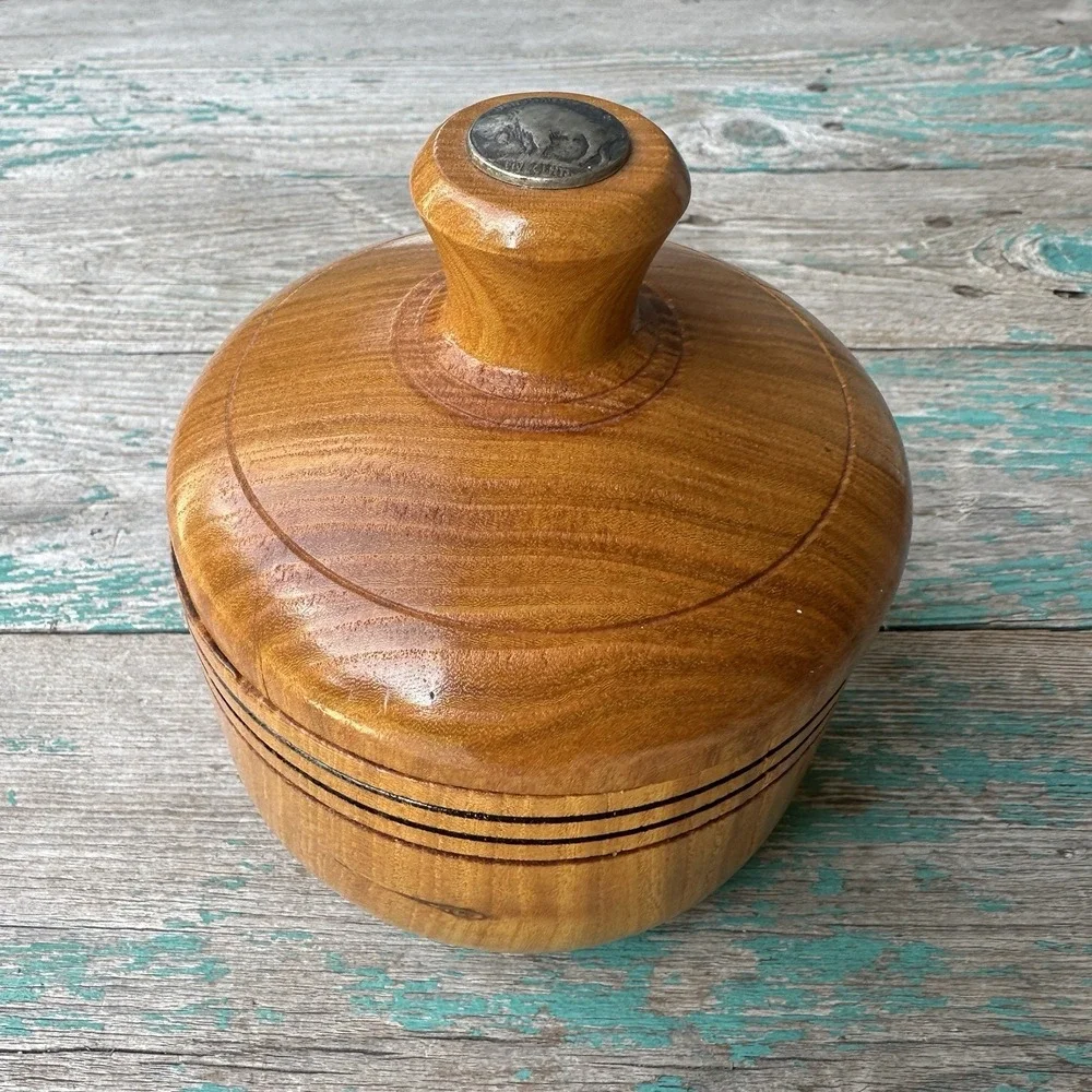 Vintage Trinket Box 5.1 Inch Hand Turned‎ Wood Jewelry Lid Buffalo Nickel Insert